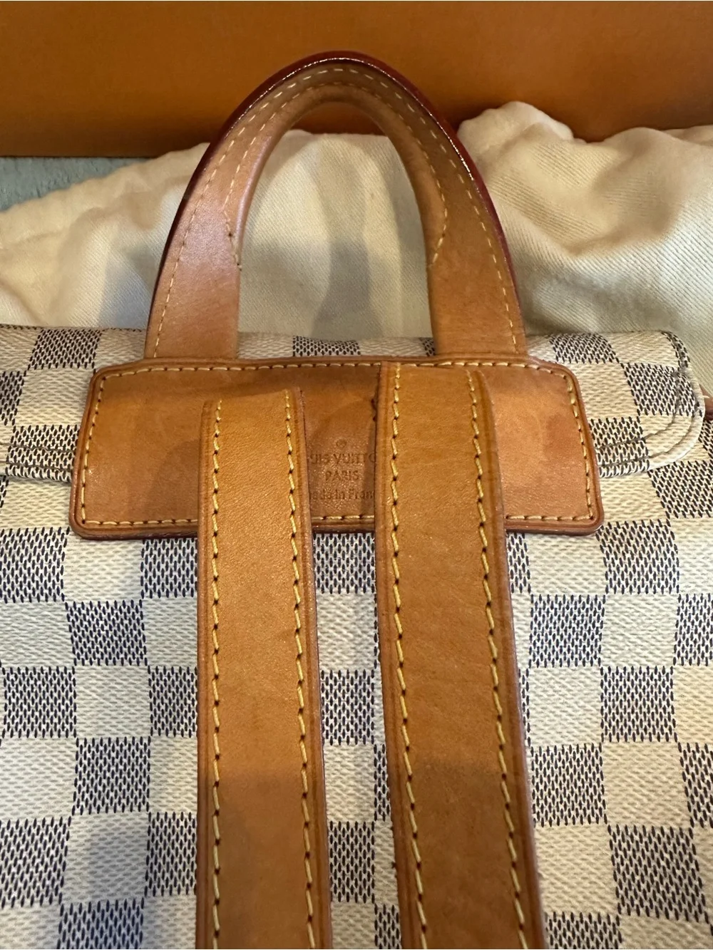 Louis Vuitton Damier Azur Check Canvas Backpack with Tan Leather Trim